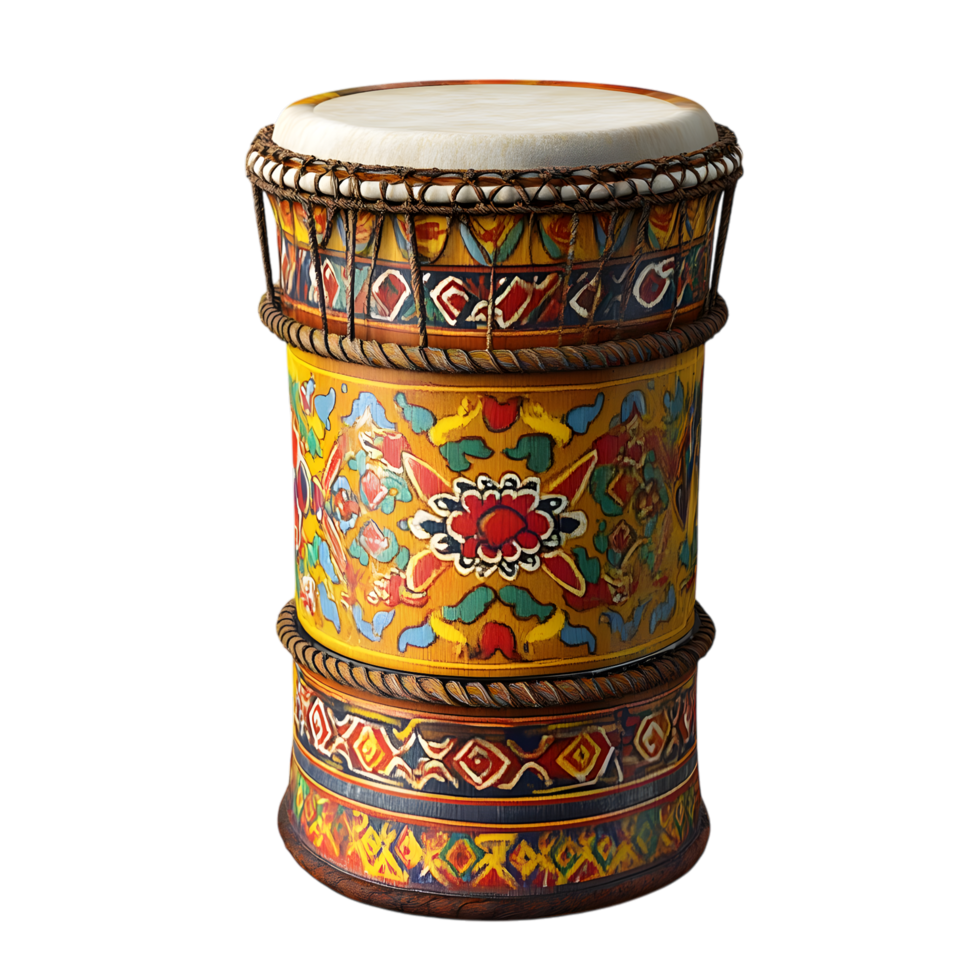 Traditional Tibetan Drum with Vibrant Colors and Patterns png