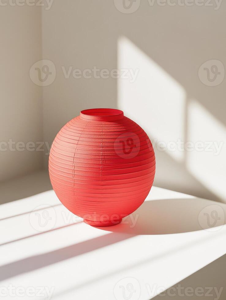 Minimalist red paper lantern on white table in sunlit room photo