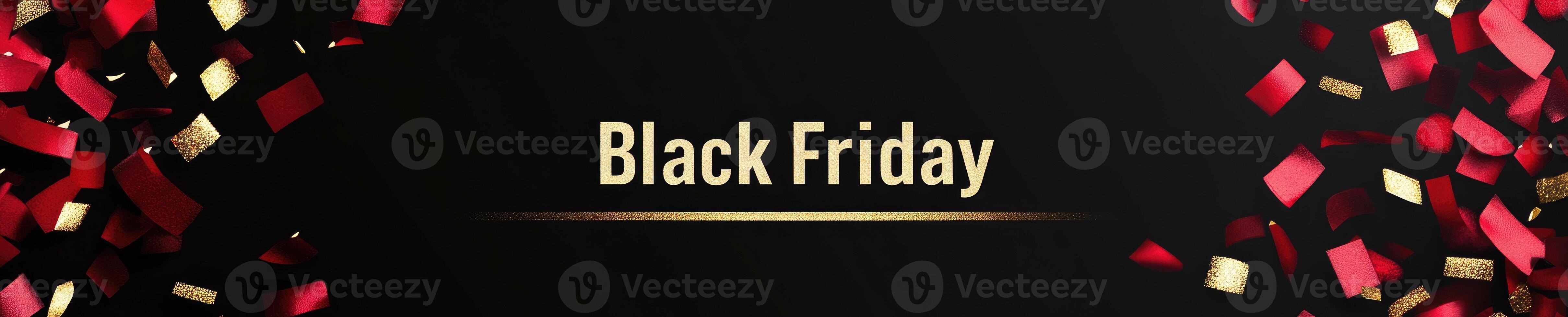 Black Friday sale banner with bold red and gold confetti on minimalistic black background for promotion design photo