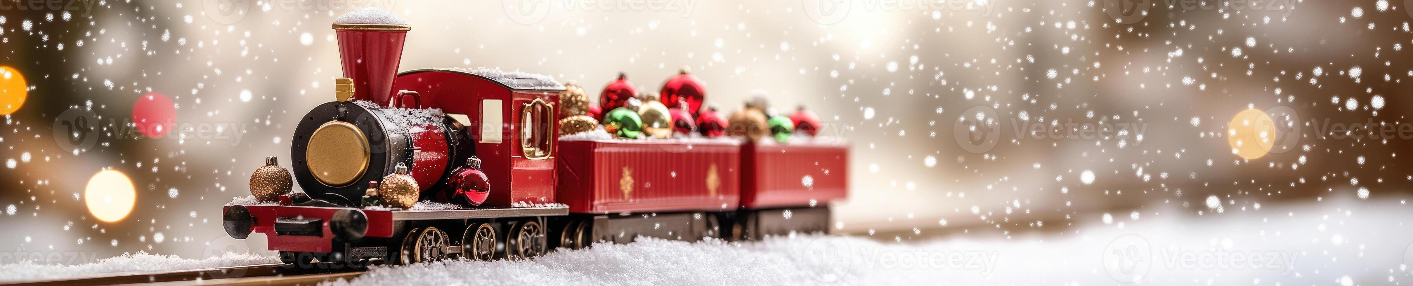Festive red Christmas train toy carrying gifts with holiday decorations and snow photo