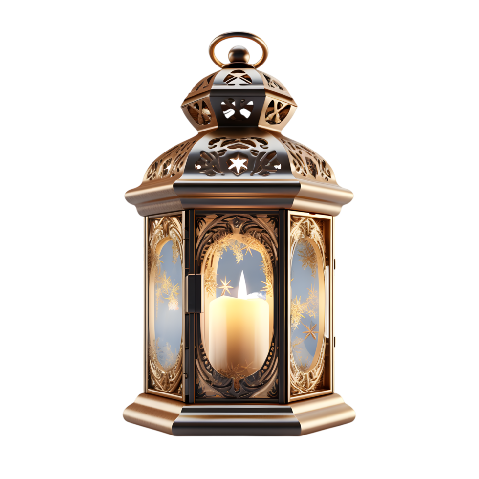 Golden Lantern with Intricate Carvings and Candle Glow png