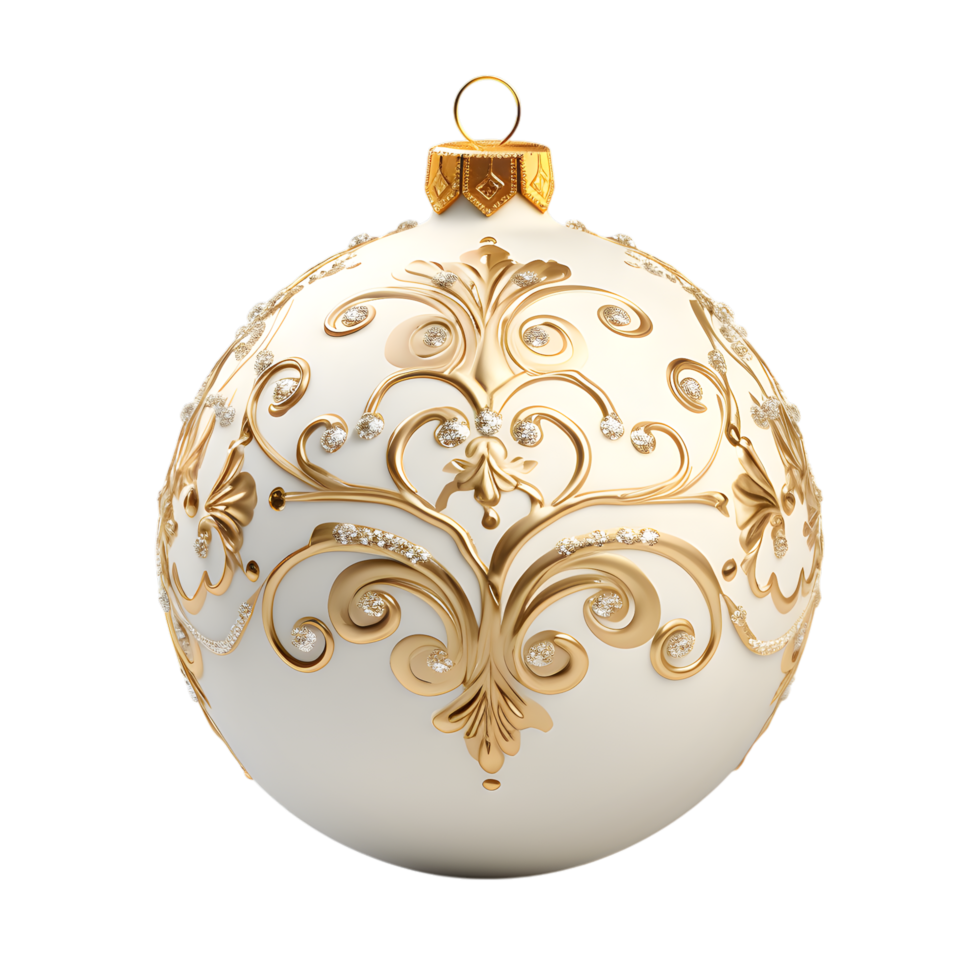 White and Gold Christmas Ornament with Intricate Swirls png