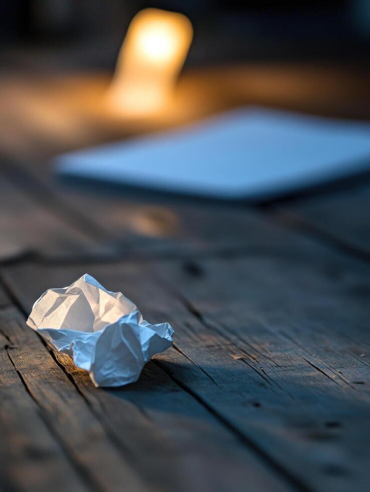 Symbolizing burnout with a single crumpled paper on a wooden table photo