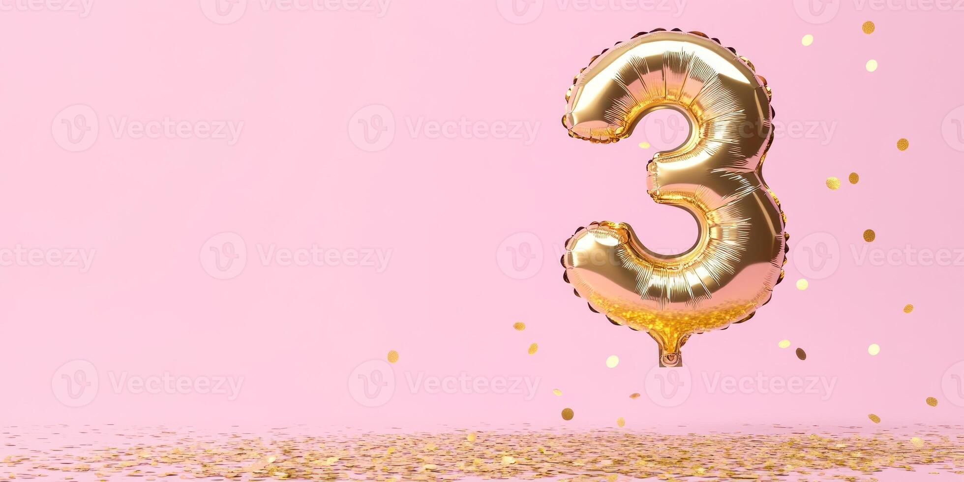Festive golden number three balloon with confetti for celebrations and parties photo