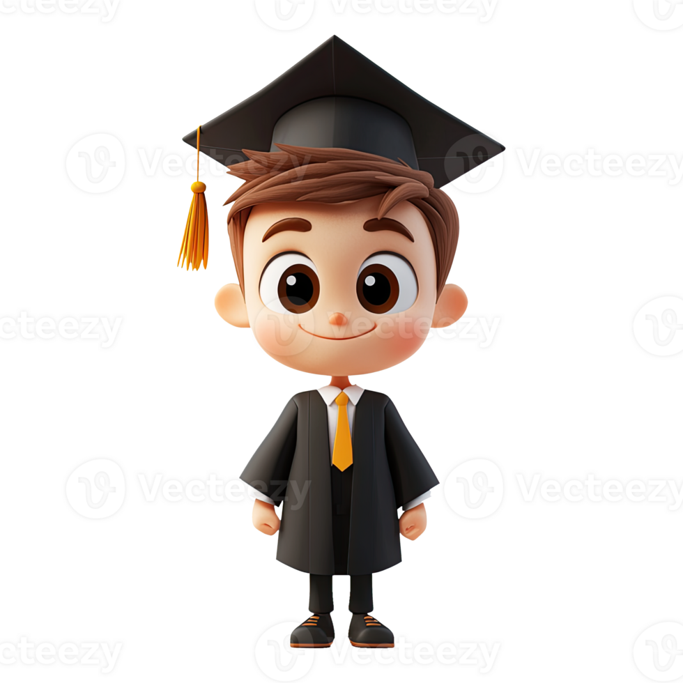 3D cartoon cute boy wearing a graduation cap and gown isolated on transparent background. png