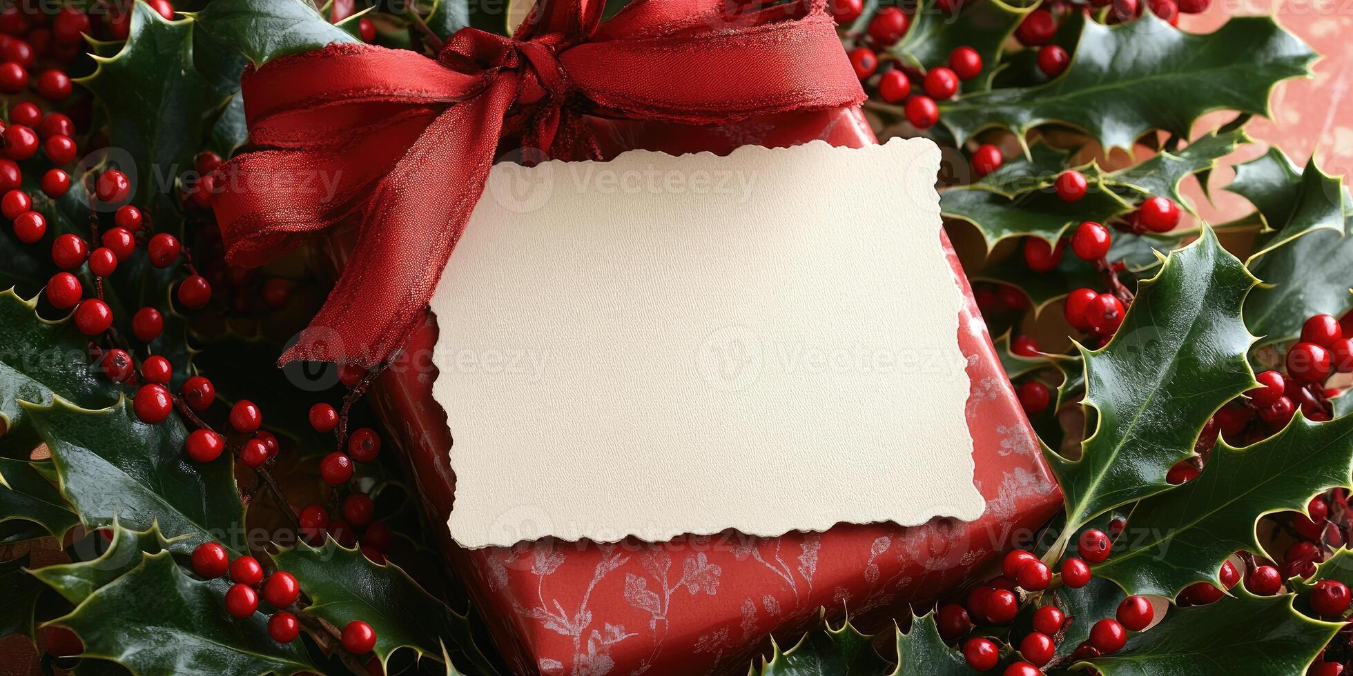 Cream square card with red ribbon on gift box surrounded by holly and berries for Christmas greeting design photo