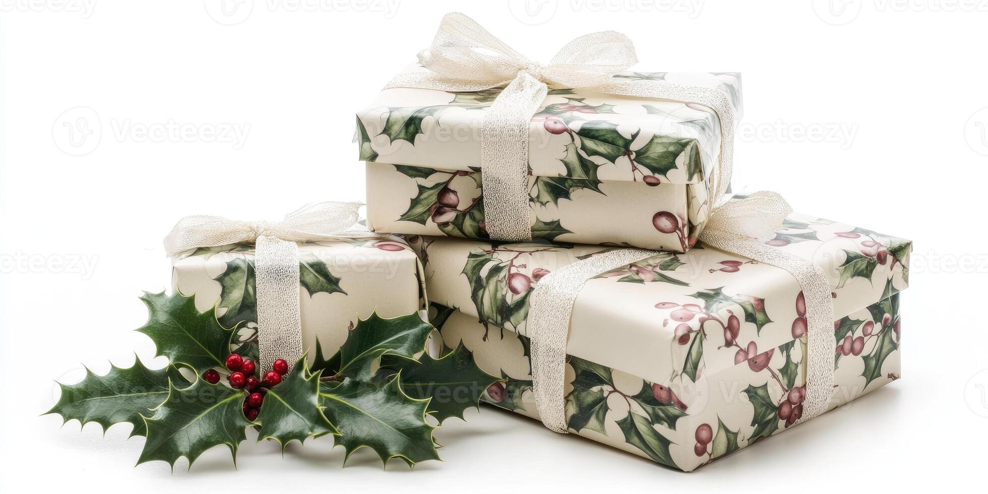 Elegantly wrapped Christmas gift boxes with holly decorations for holiday celebration photo
