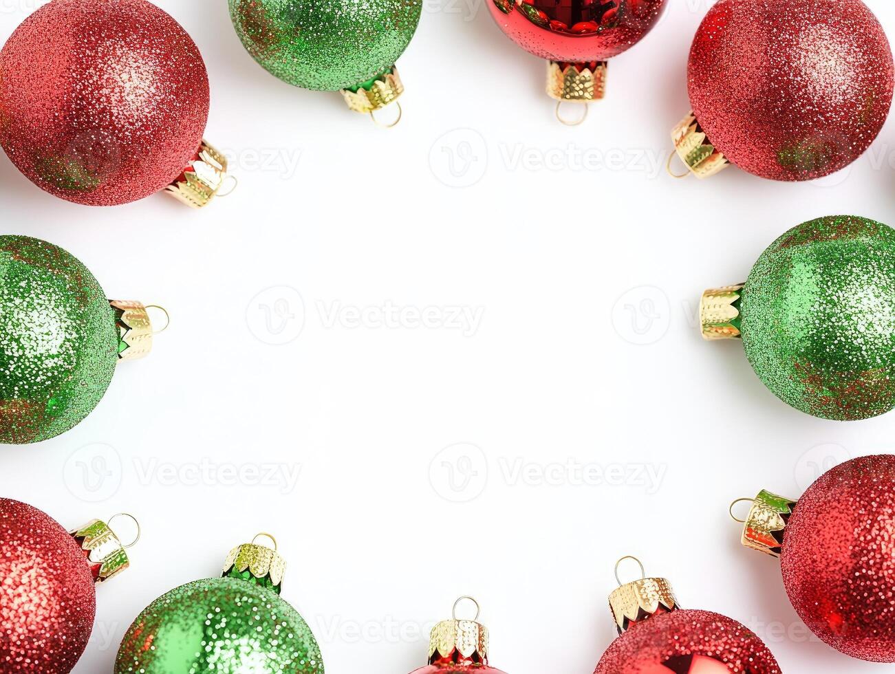Festive red and green Christmas ornaments in circular arrangement for holiday decoration photo