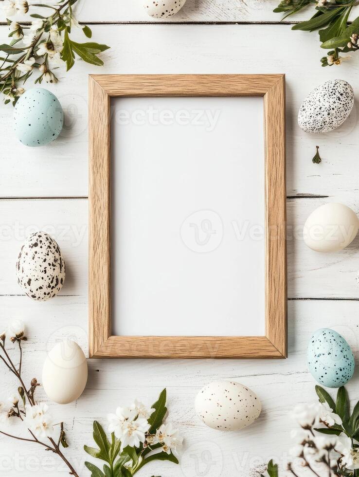 Simple Easter poster mock up with natural wooden frame and decorative eggs photo