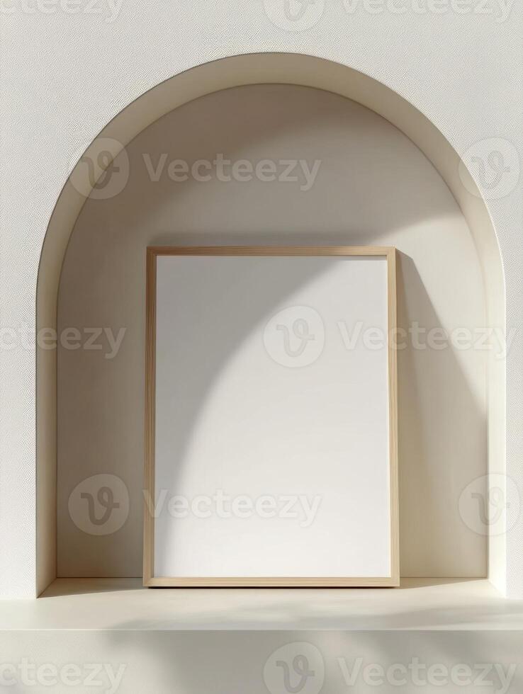 Minimalist white mock up poster with light wood frame in arch niche for interior design photo
