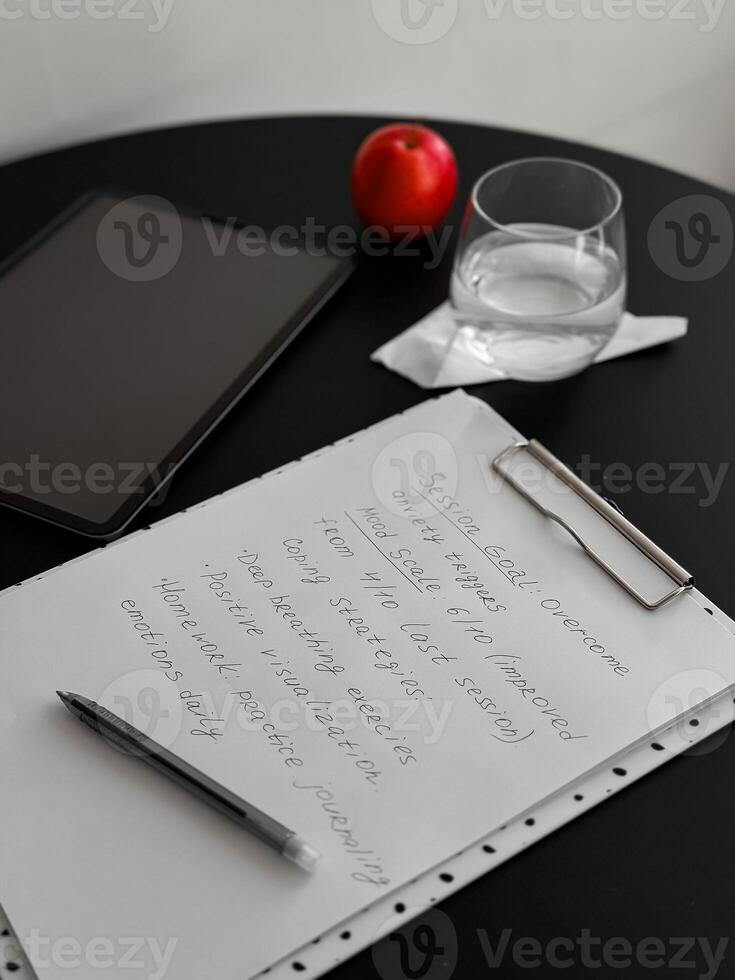 Workspace with digital tablet, apple, water glass, and inspirational notes on clipboard photo