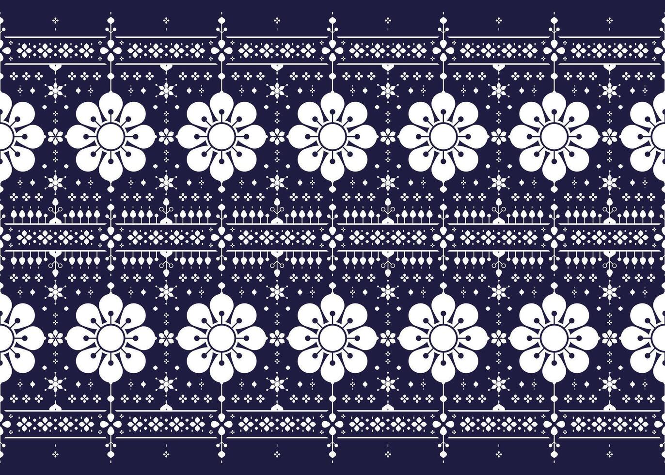White symbol floral blooming on dark blue background, ethnic fabric seamless pattern, design for cloth, carpet, batik, wallpaper, wrapping etc. vector