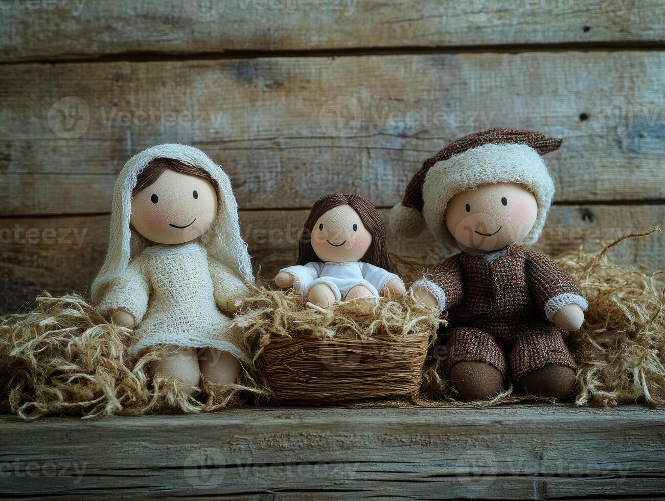 Charming nativity scene with handmade soft toys and wooden figures for Christmas decor photo