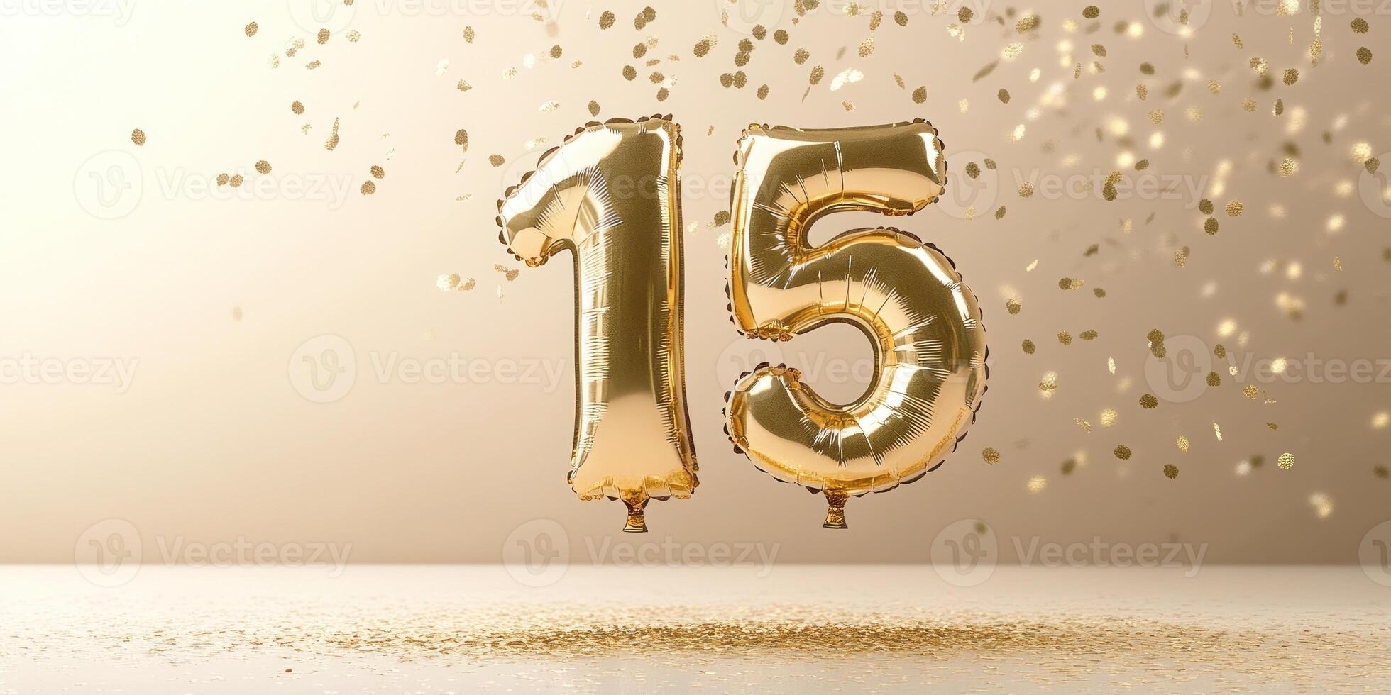 Celebration with reflective golden 15 balloon on light background for anniversaries and milestones photo