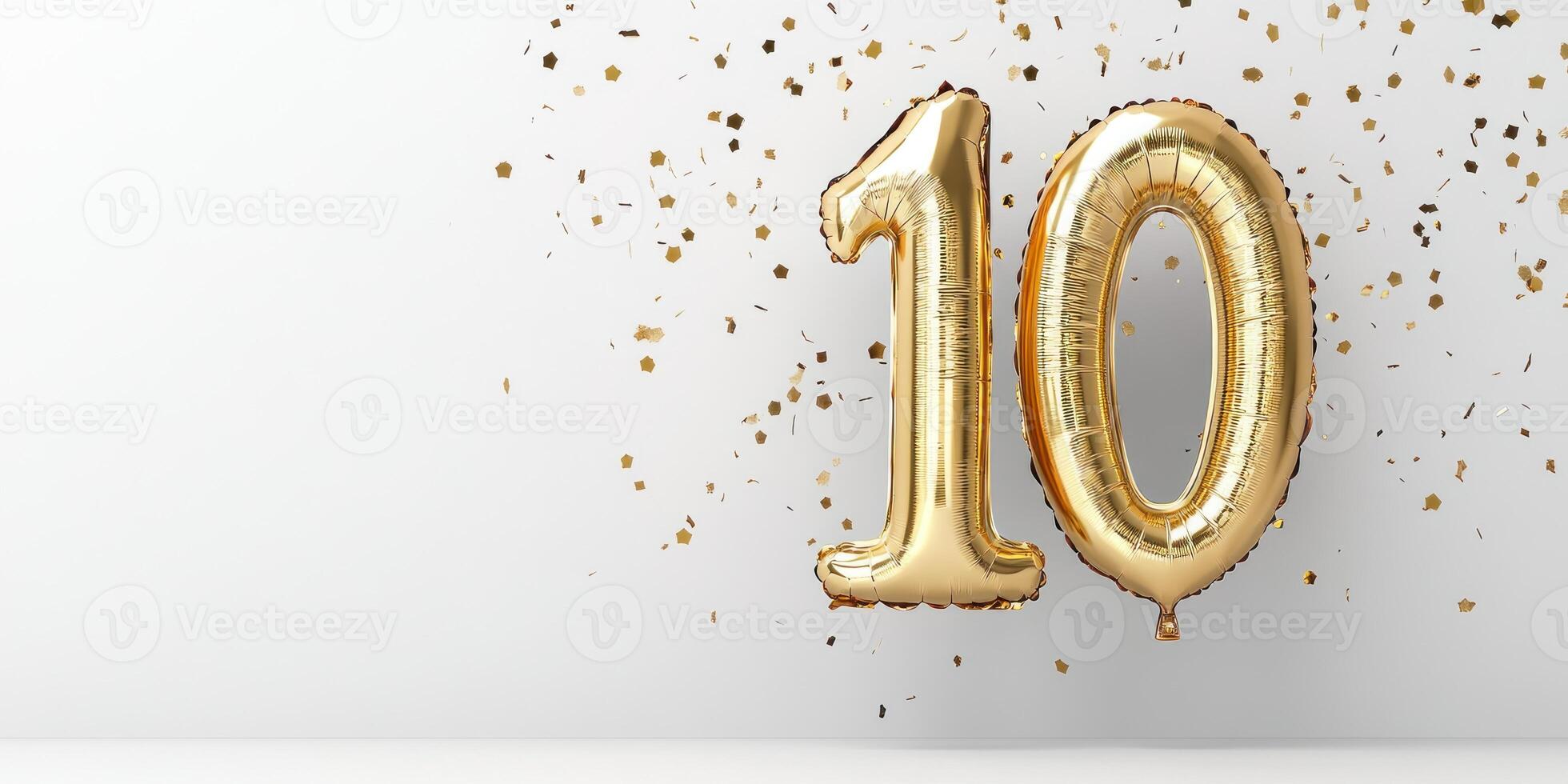 Golden metallic balloon number 10 with confetti for celebrations and anniversaries photo