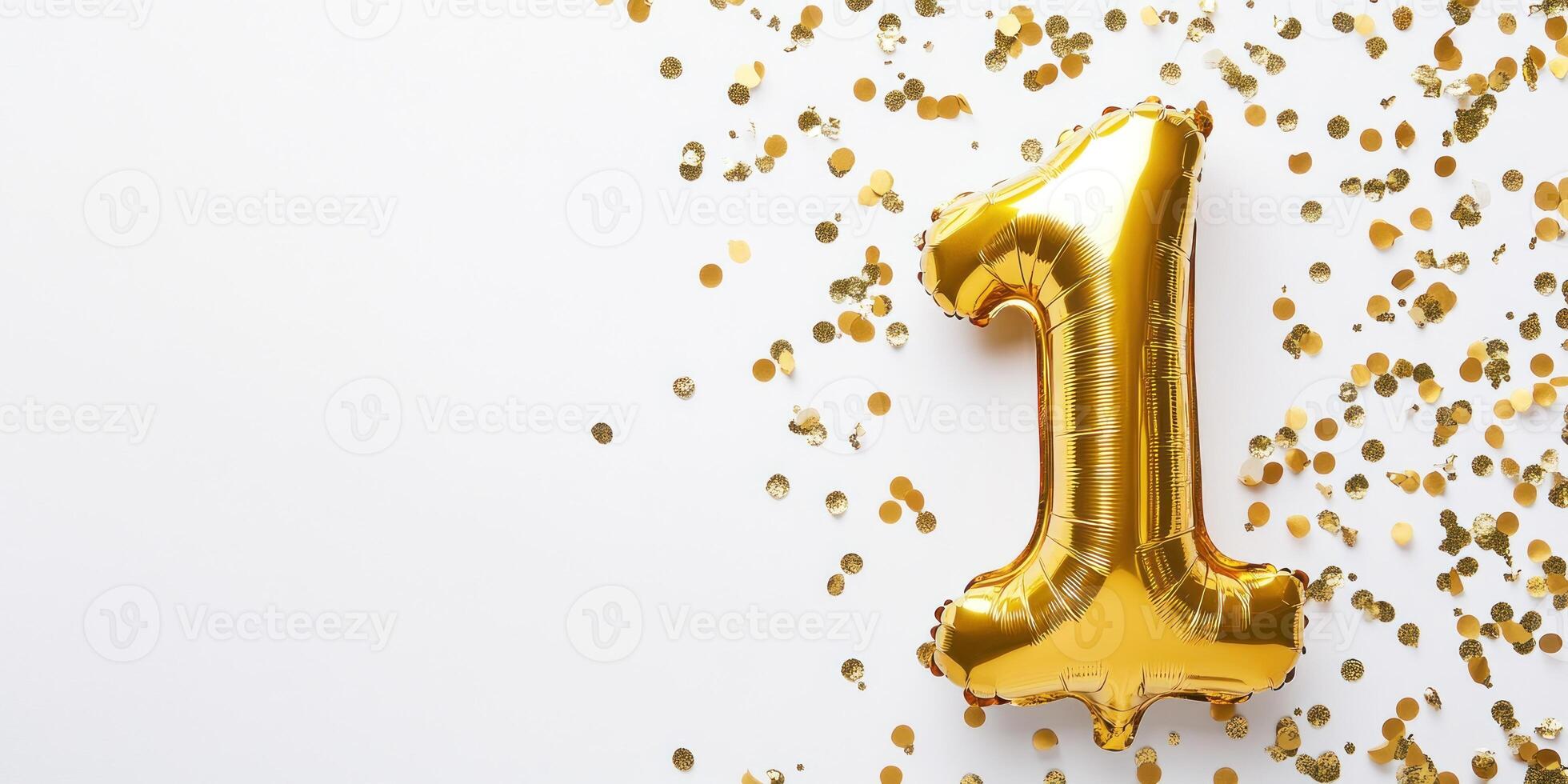 Celebration concept with golden number one balloon and confetti photo