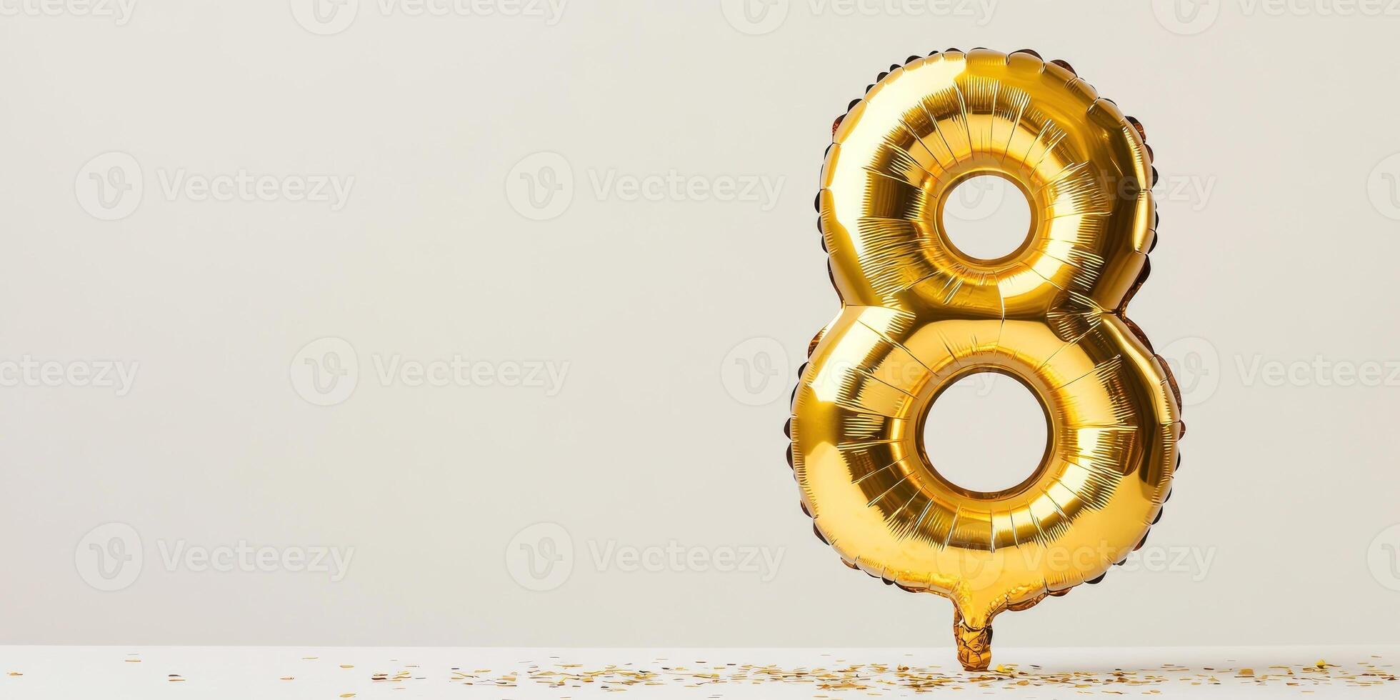 Golden number 8 balloon on minimalist background for celebrations and events photo