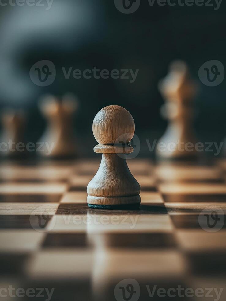 Single white chess pawn on wooden board close up for strategy concept photo