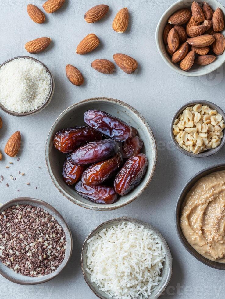 Top view of a beautiful arrangement of dates and nuts for healthy eating inspiration photo