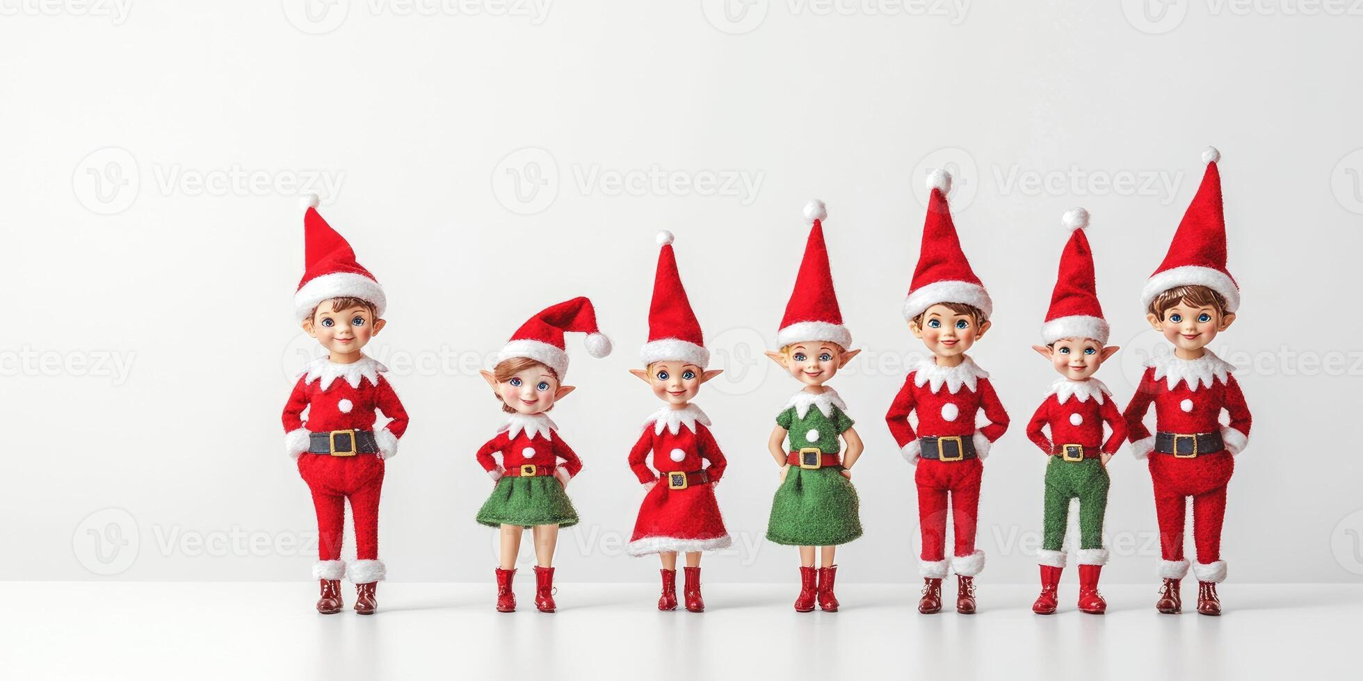 Playful arrangement of festive toy elves in holiday outfits for seasonal decoration photo
