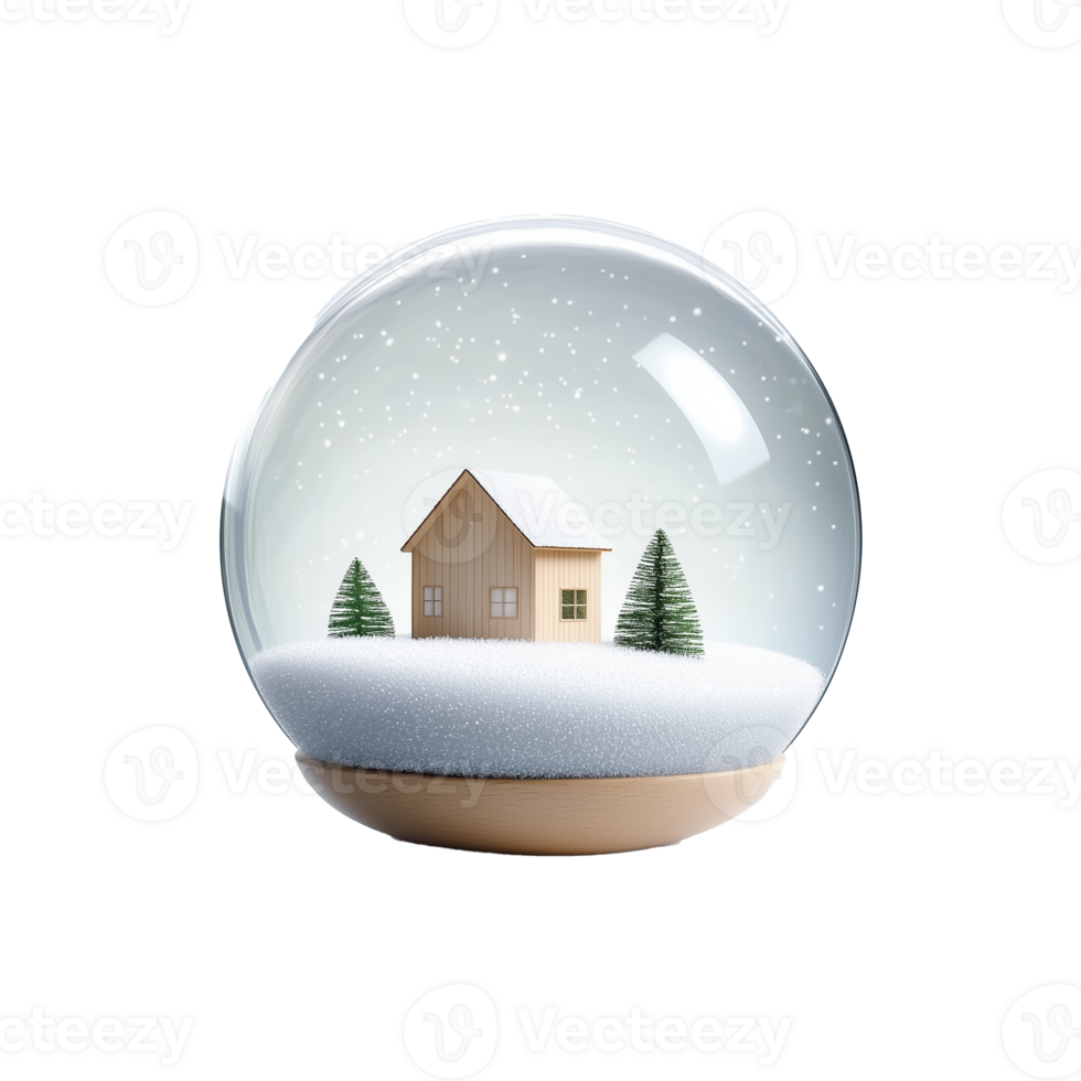 A minimalist snow globe featuring a house nestled in a snowy landscape. Two small pine trees stand on either side of the house, with delicate snowflakes falling in the scene. png