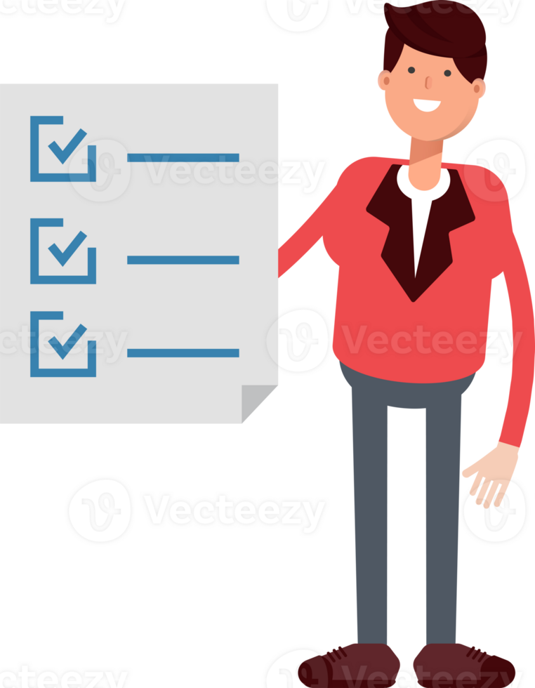Businessman in Red Suit Character and Check List Document png