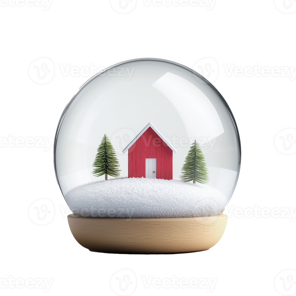 A delightful red house sitting within a snow globe, surrounded by evergreen trees. The snow-covered ground adds to the festive holiday charm, making the scene feel warm and inviting. png