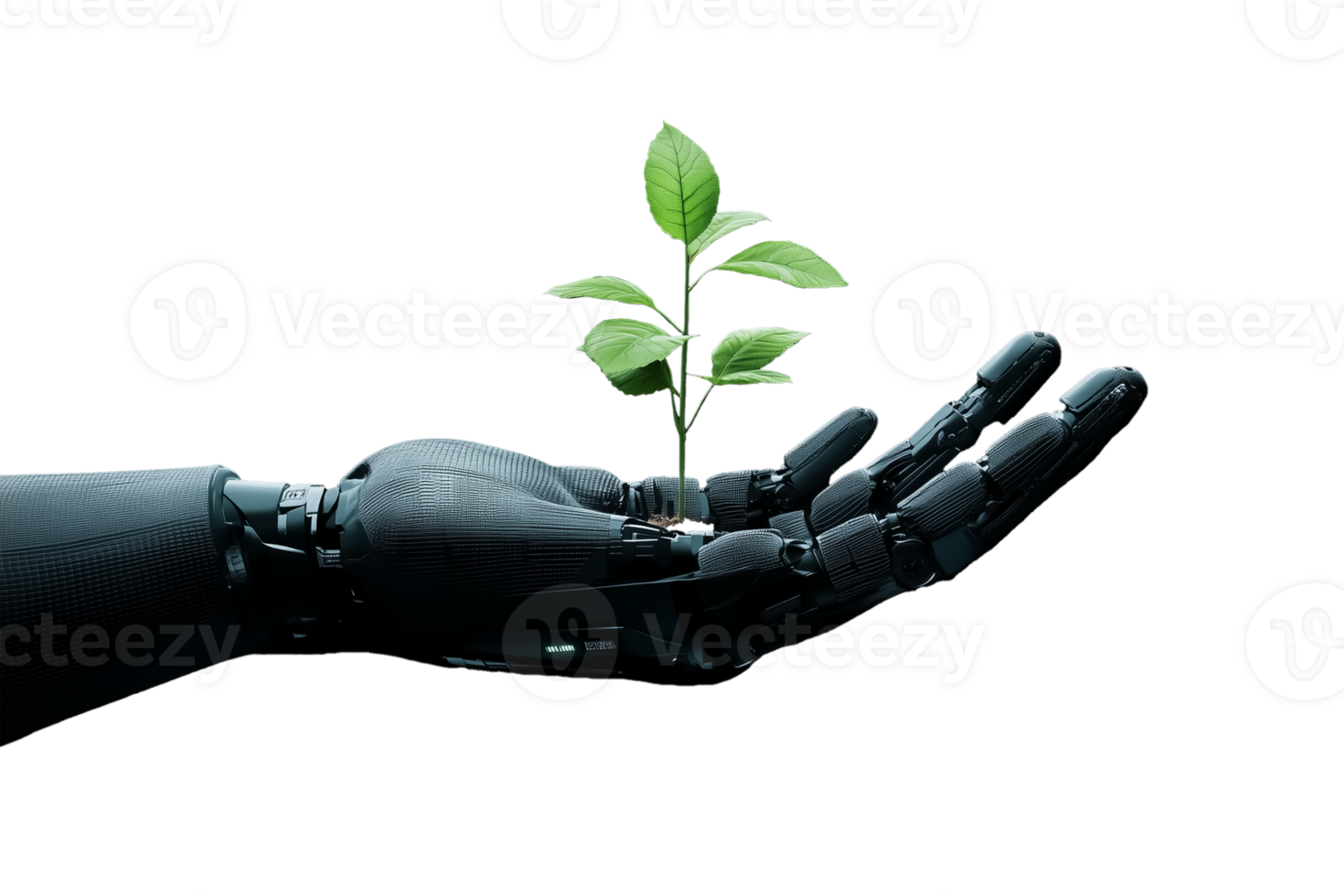 A robot hand holding a plant with a green sprout png