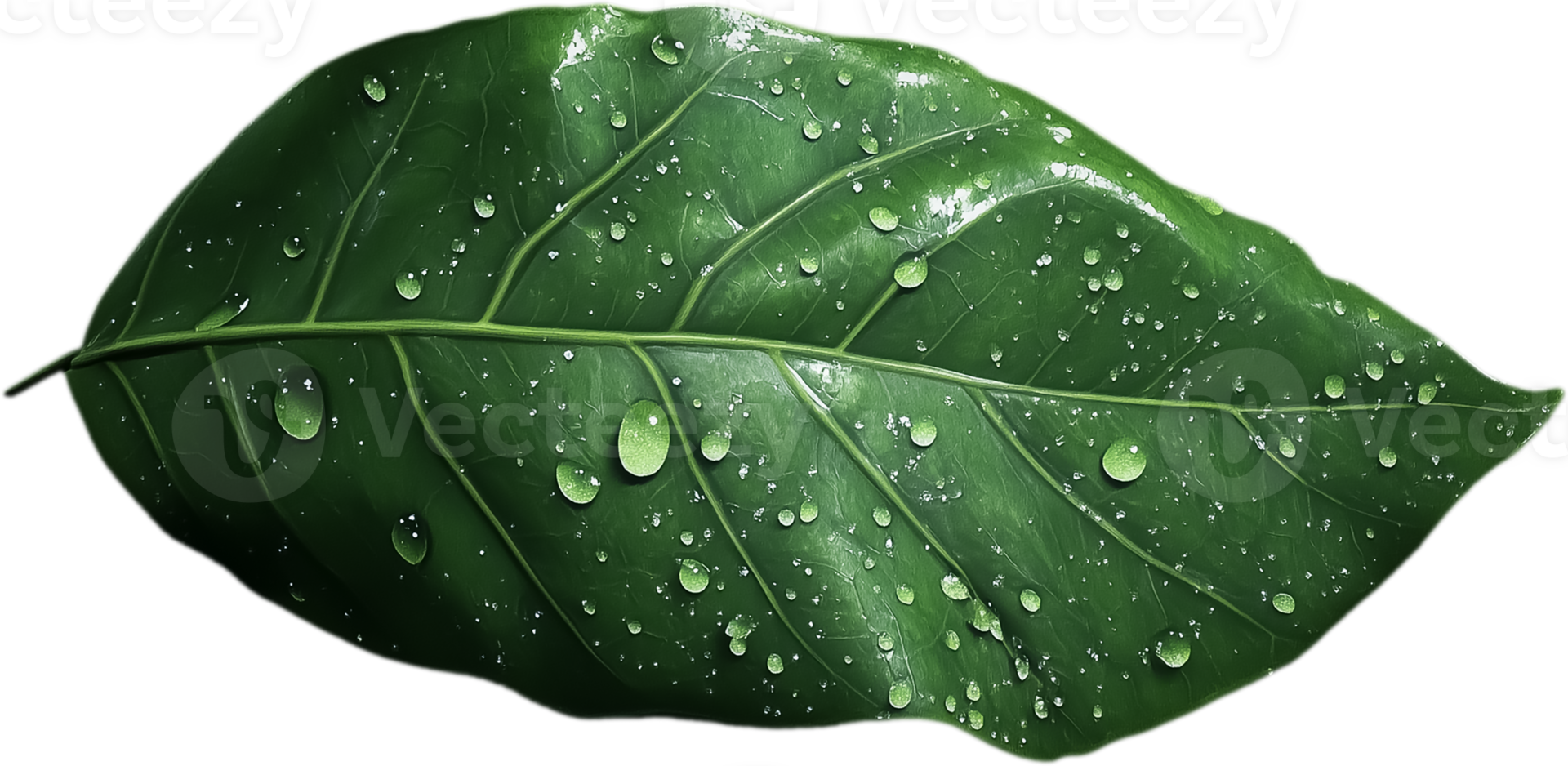 Close-up digital artwork of a green leaf with realistic water droplets, highlighting the intricate veins and surface texture against a transparent background. png