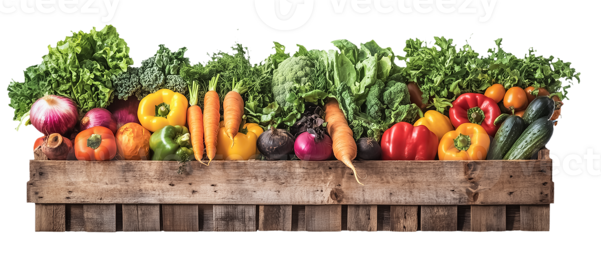 A wooden crate full of fresh vegetables png