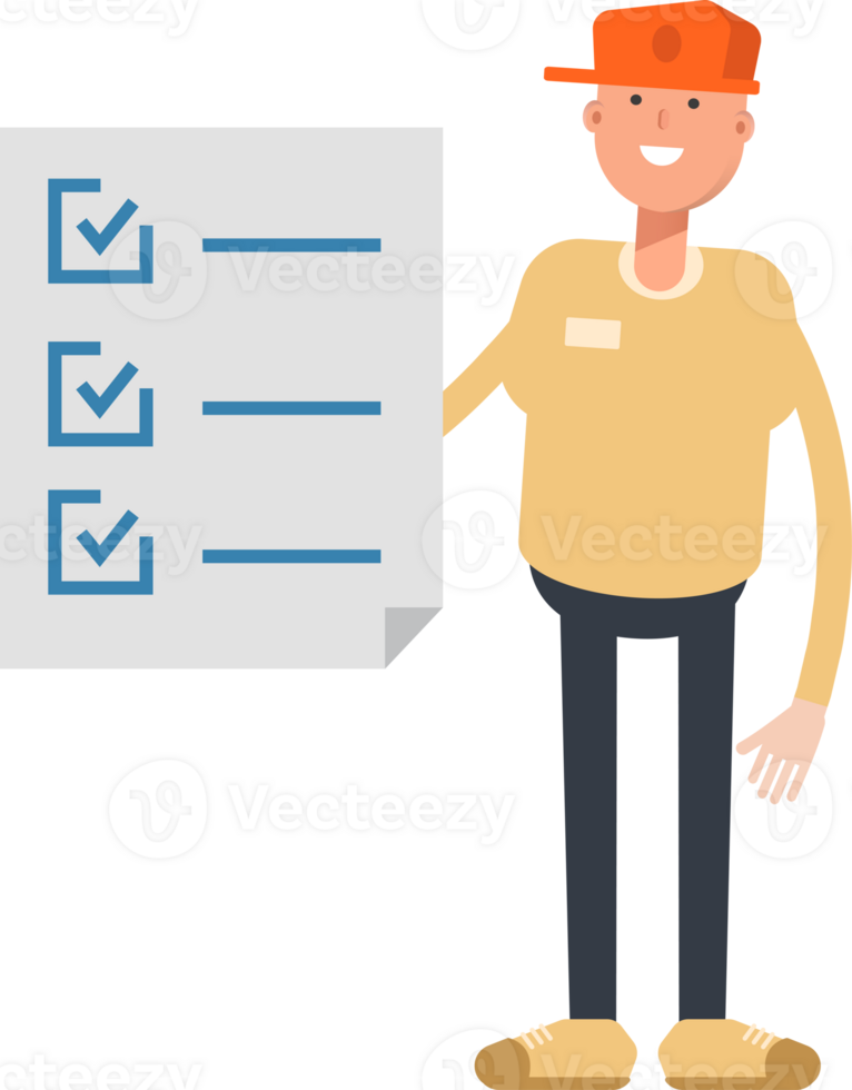 Man Wearing Cap Character and Check List Document png