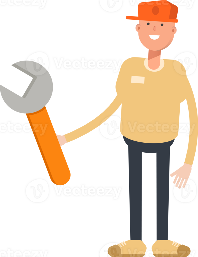 Man Wearing Cap Character Holding Wrench Tool png