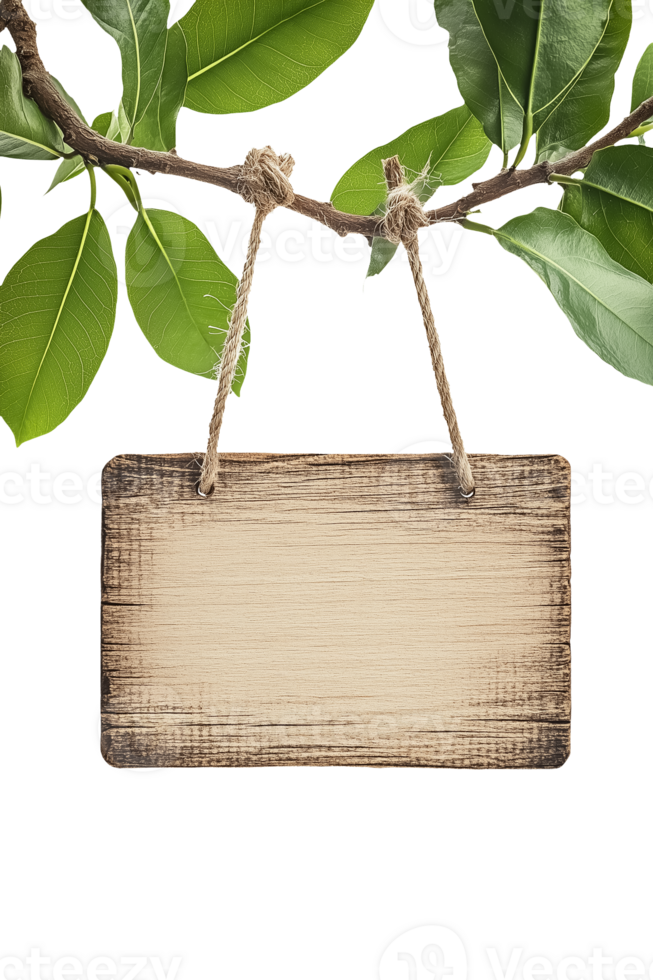 Wooden sign hanging from a tree branch png