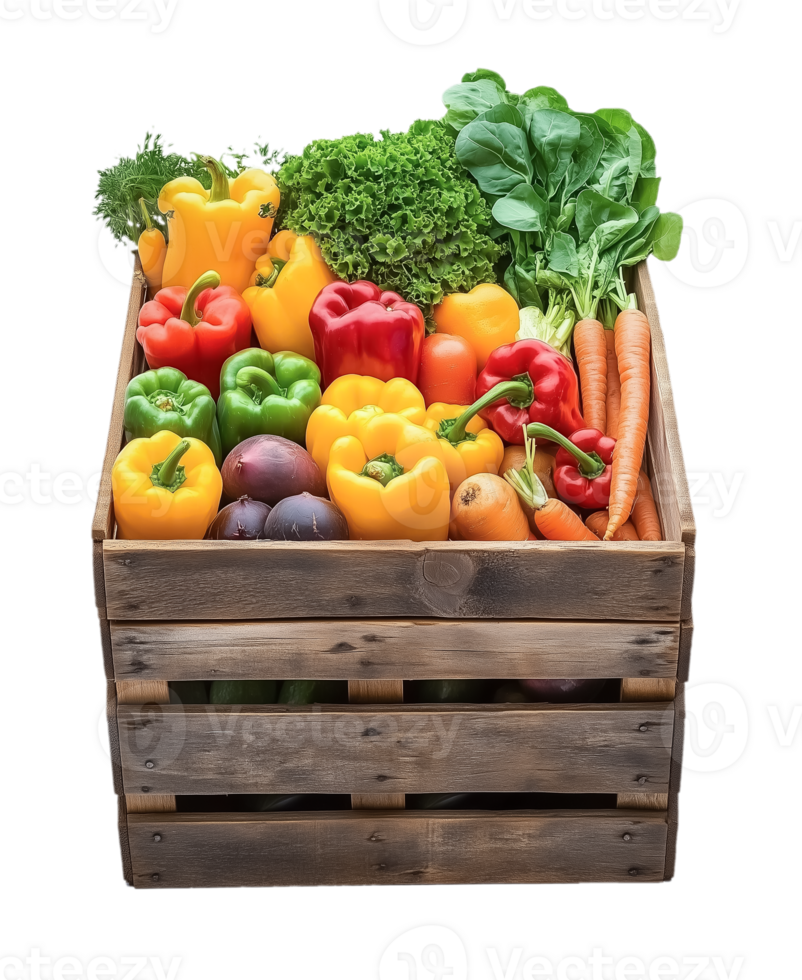 A wooden crate filled with fresh vegetables png
