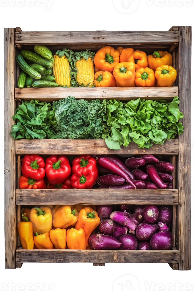 A wooden crate filled with various vegetables png