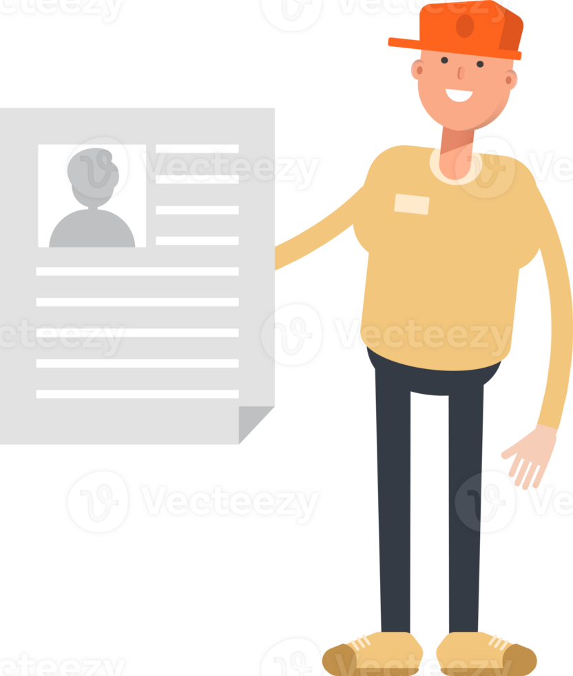 Man Wearing Cap Character Holding Job Application Document png