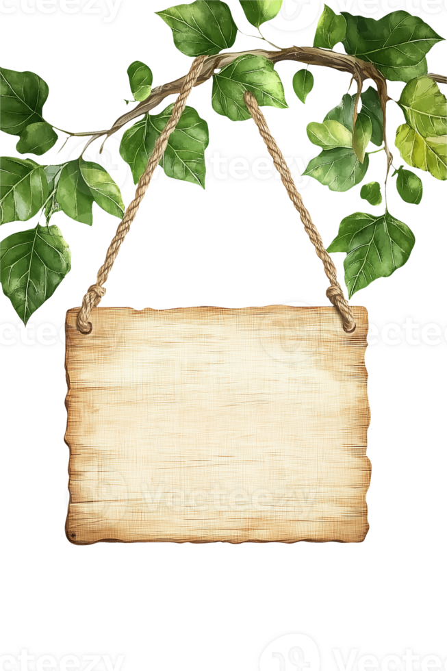 Wooden sign hanging on a branch with leaves png