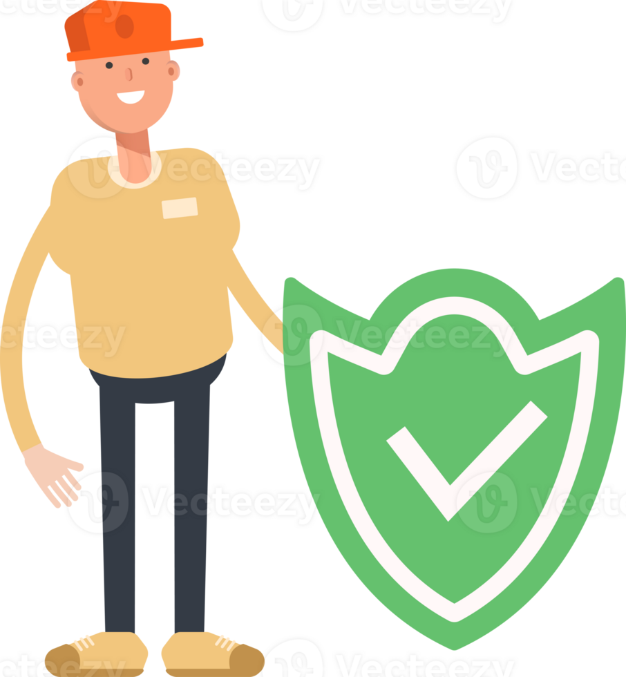 Man Wearing Cap Character and Check Mark Shield png