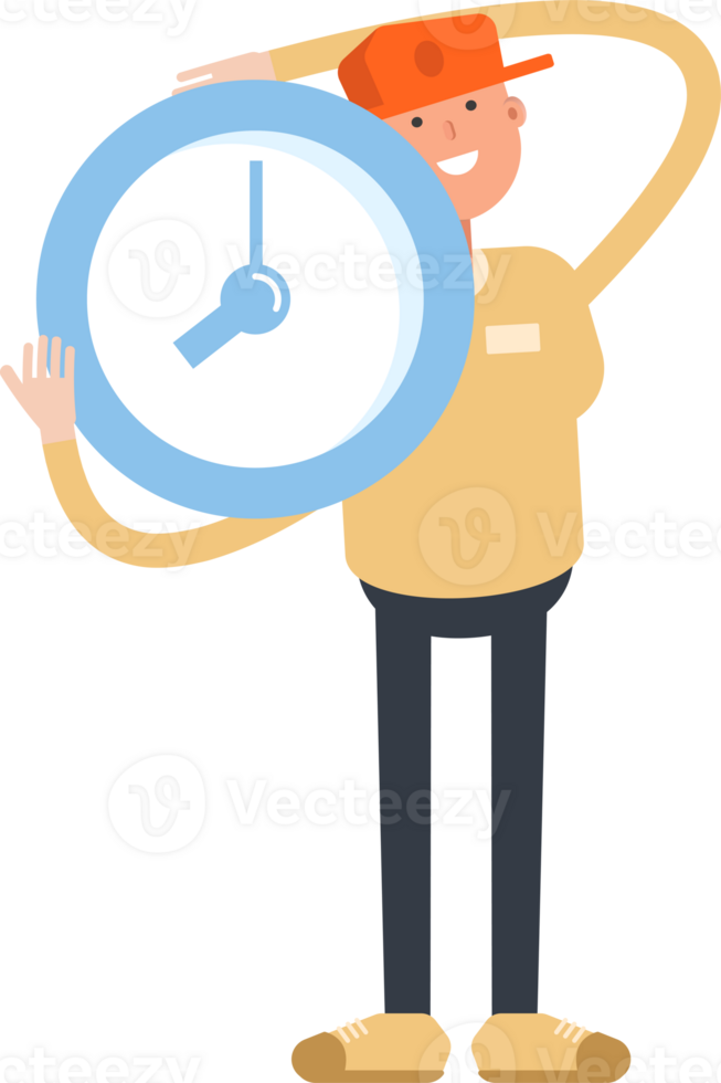 Man Wearing Cap Character Holding Clock png