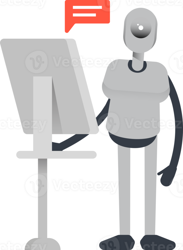 Humanoid Robot Character Working on Computer png