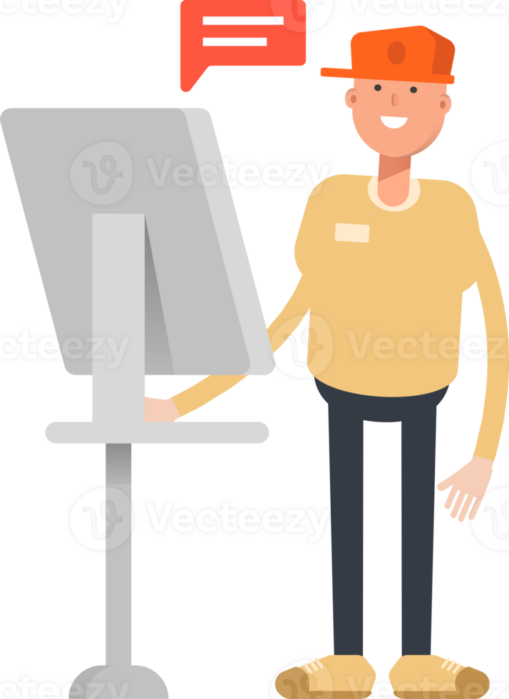 Man Wearing Cap Character Working on Computer png