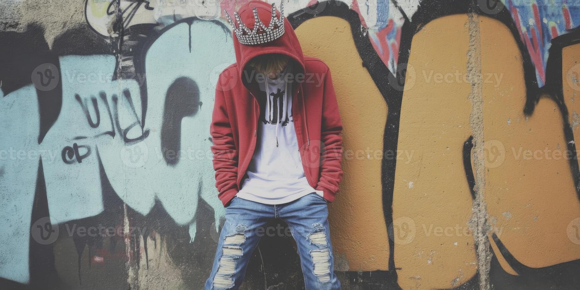 Urban Fashion Trendy Youth Posing Confidently against a Colorful Graffiti Backdrop photo