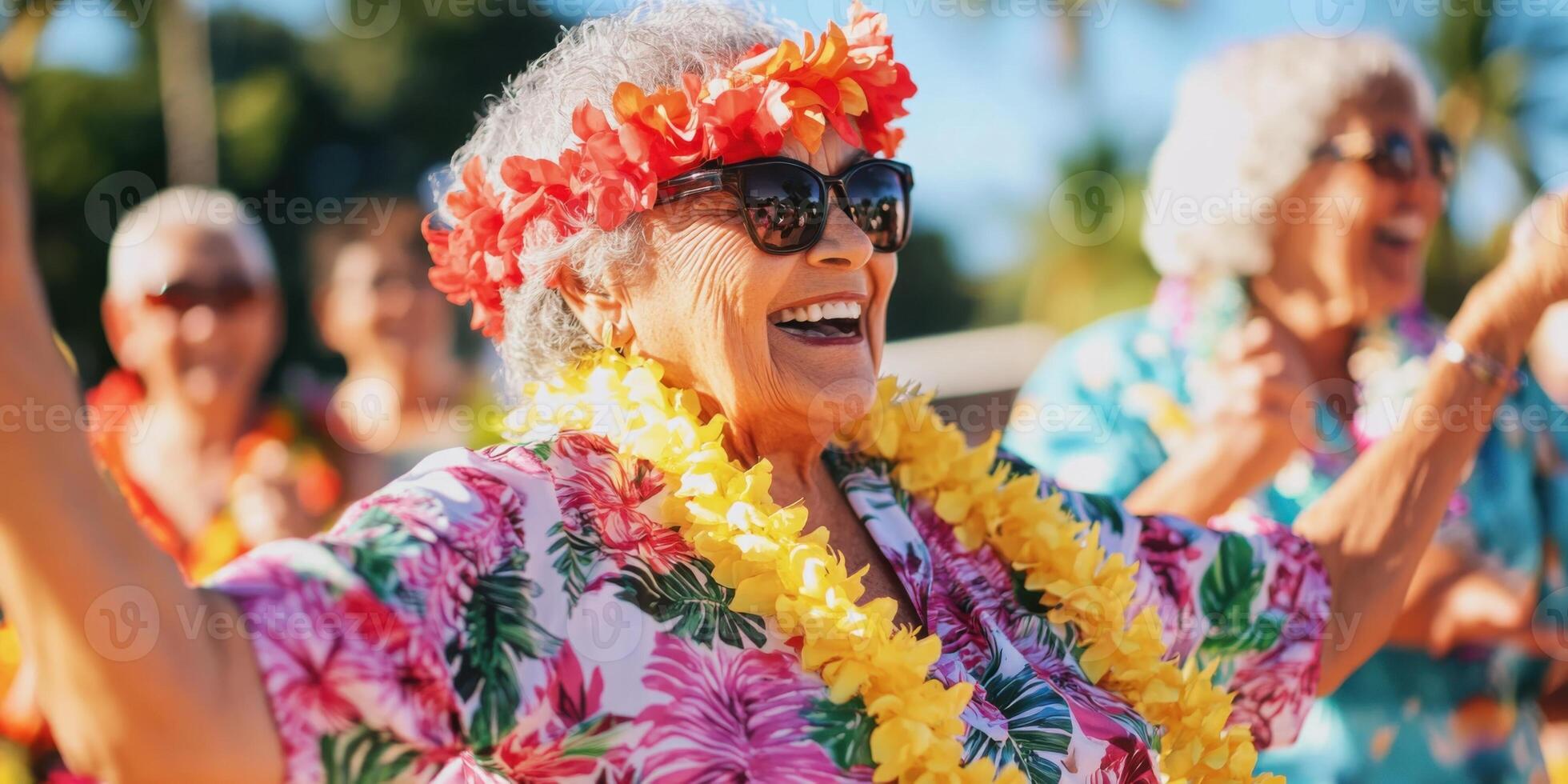 A Joyful and Vibrant Celebration of Seniors Dressed in Colorful Attire and Hawaiian Leis photo