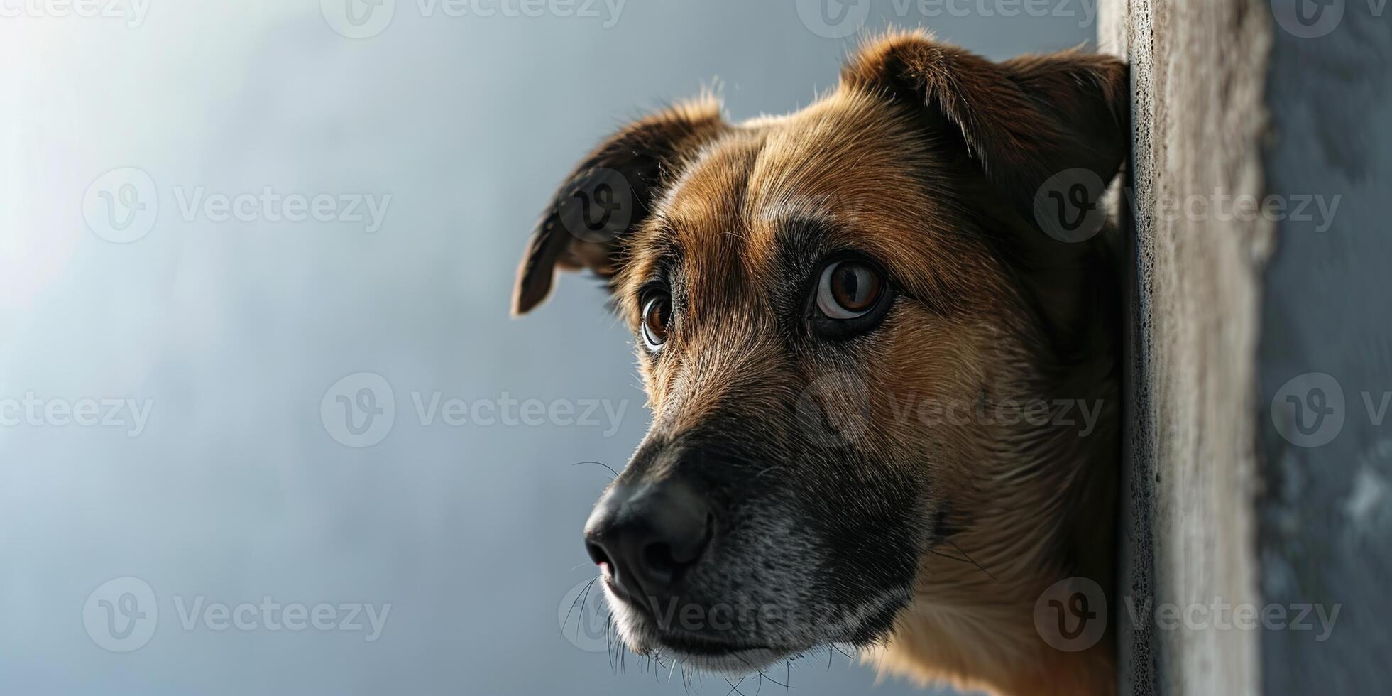 Dog peeks cautiously around the corner of a plain background, concept of Curiosity photo