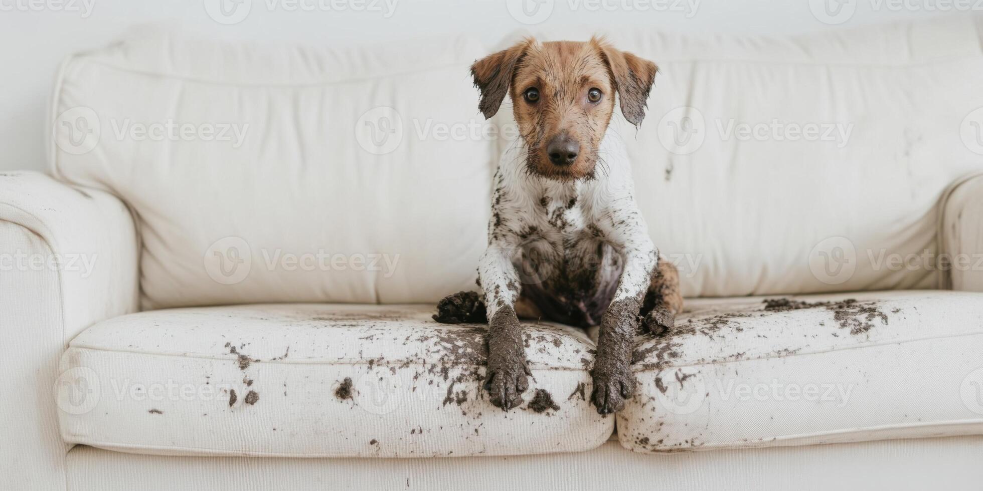 A Messy Dog on a White Couch Creating a Delightful Scene of Fun and Chaos in the Home photo