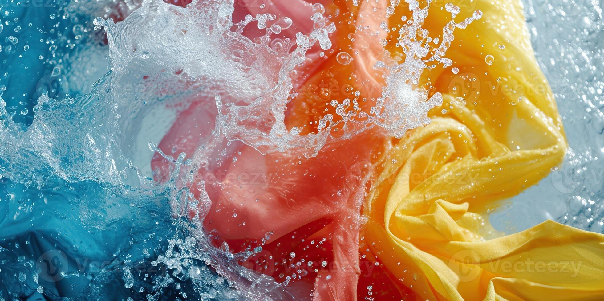 Dynamic shot of colorful clothes swirling in sudsy water, concept of Vibrant motion photo