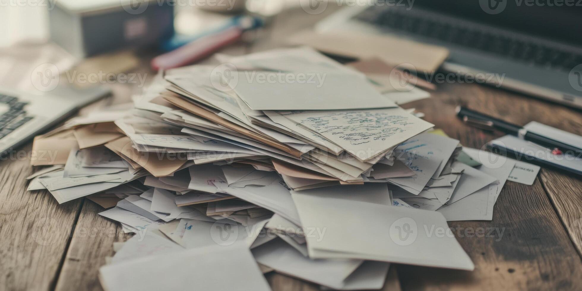 A disorganized heap of papers and various stationery supplies rests on a wooden desk photo