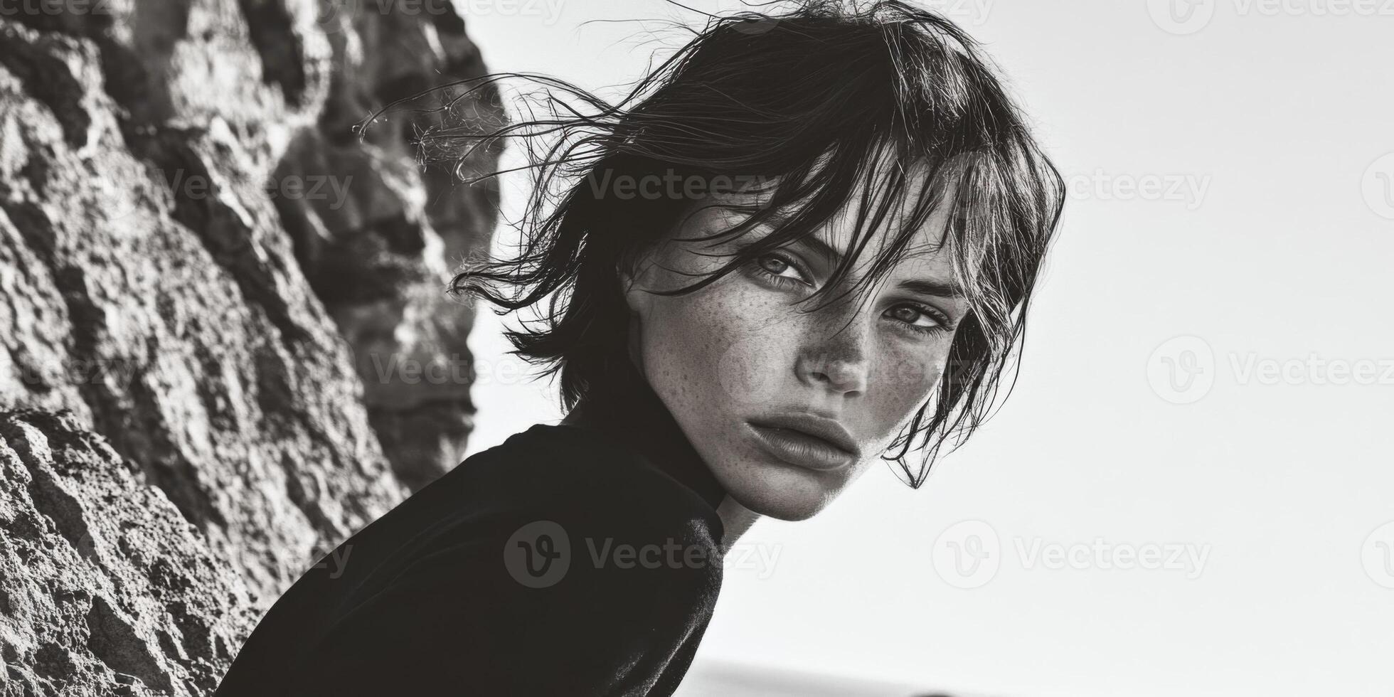 A Stunning Black and White Portrait of a Beautiful Model by the Shoreline, Capturing Emotion photo