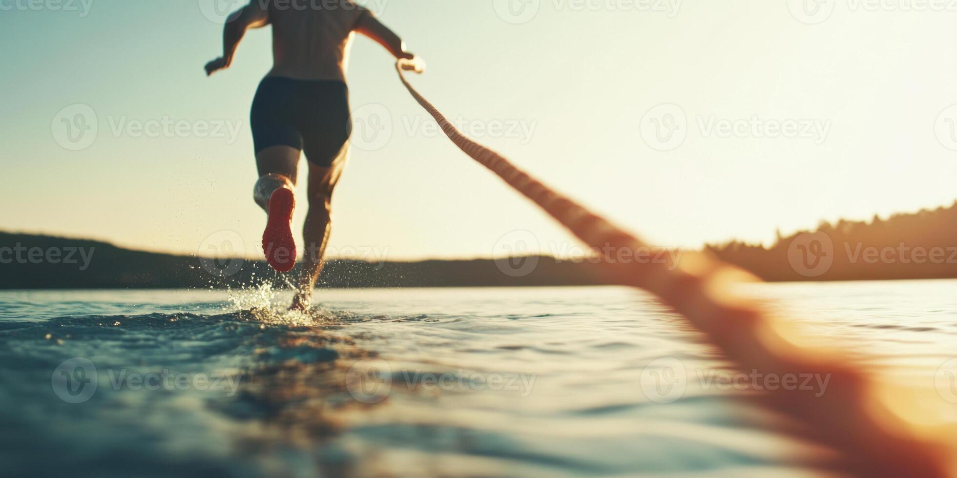 A Dynamic Athlete Skillfully Running on Water While Holding a Rope Tightly in Their Hands photo