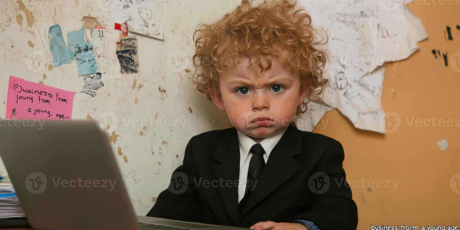 A Serious Young Child Dressed Smartly in a Suit Concentrating Hard While Working on a Laptop photo